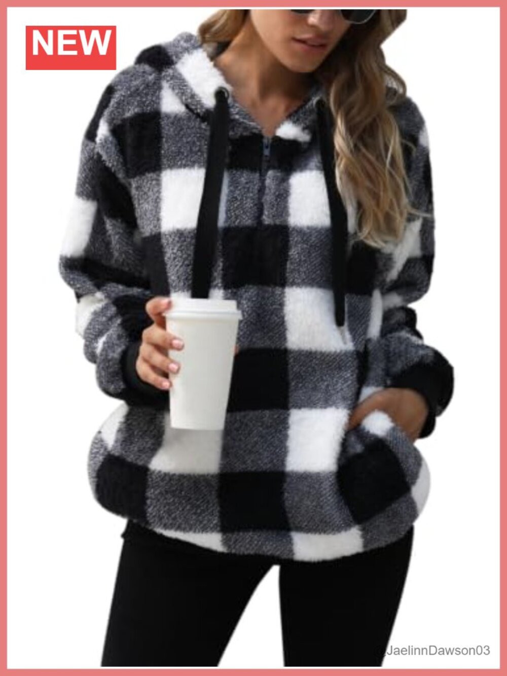 Womens Oversized Sherpa Pullover Fuzzy Hoodie Plaid Fleece Sweatshirt